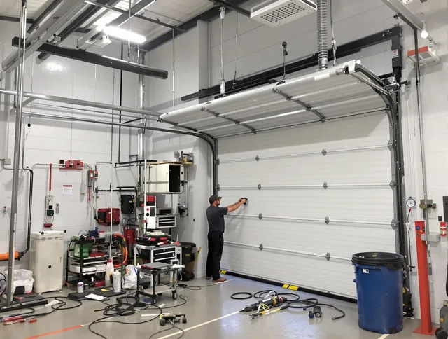 Monterey Park Garage Door Repair certified technician performing commercial door repair at a Monterey Park business facility