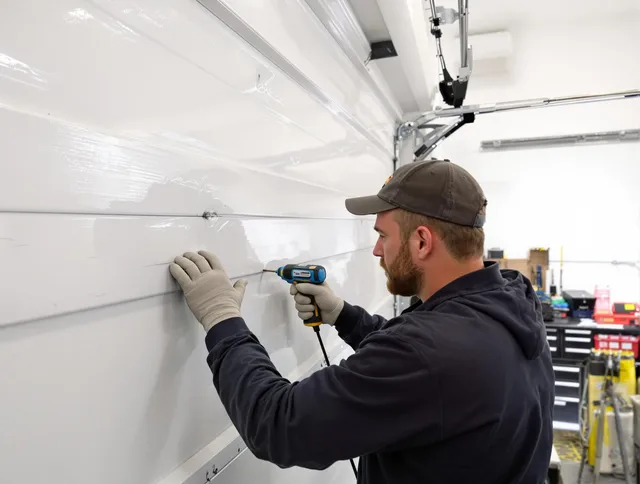 Monterey Park Garage Door Repair technician demonstrating precision dent removal techniques on a Monterey Park garage door