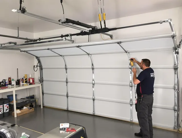 Monterey Park Garage Door Repair certified technician performing overhead door system repair in Monterey Park