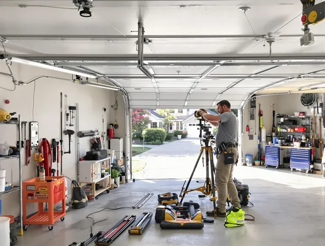 Monterey Park Garage Door Repair specialist performing laser-guided track alignment in Monterey Park
